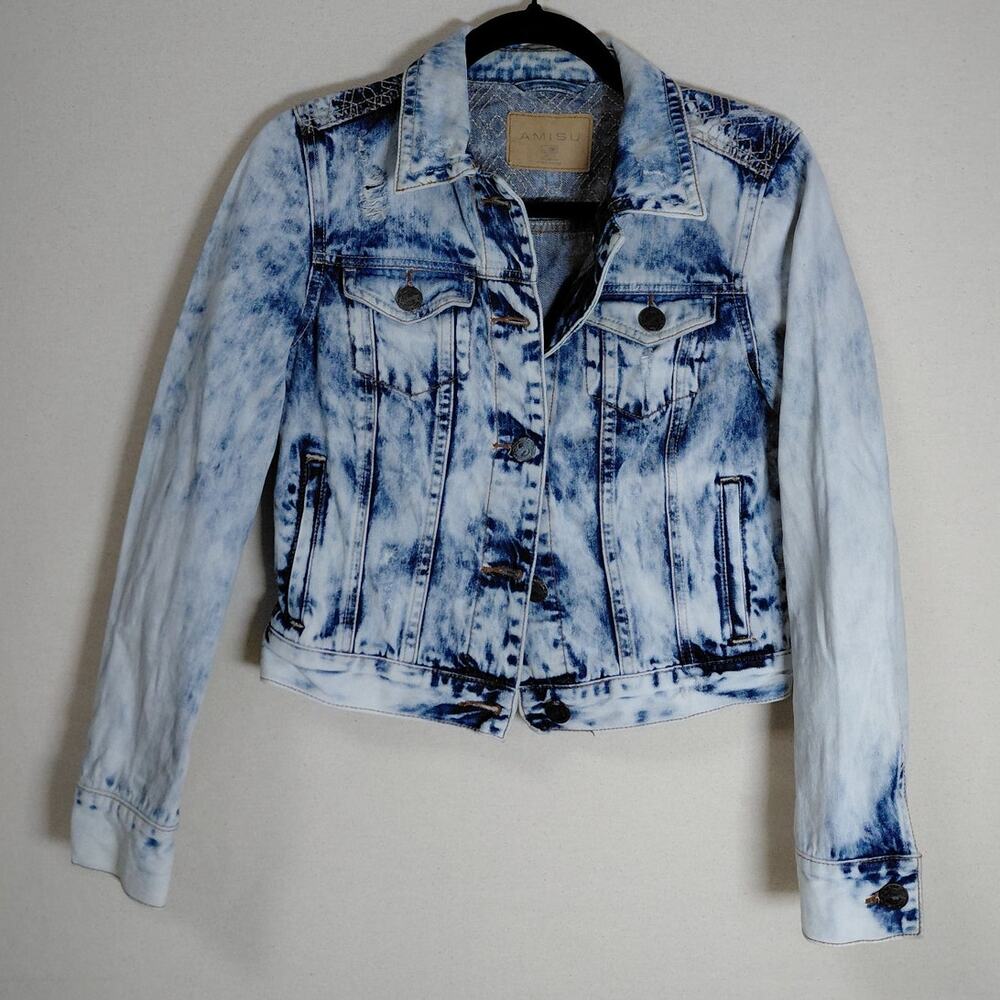 AMISU Blue Acid Wash Denim Jacket Solid Long Sleeve Women Size 36